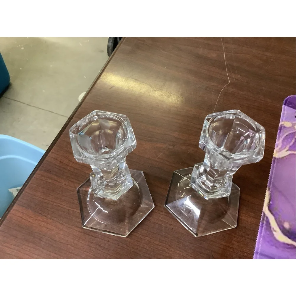 Golden Crown 24% Lead Crystal Set of 2 Candle Holders E & R Western Germany